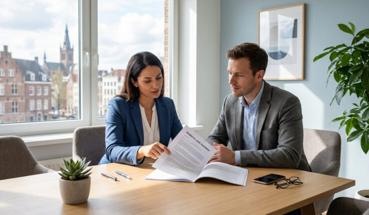 Une femme et un homme en tenue professionnelle lisent ensemble un contrat de location dans un bureau lumineux.