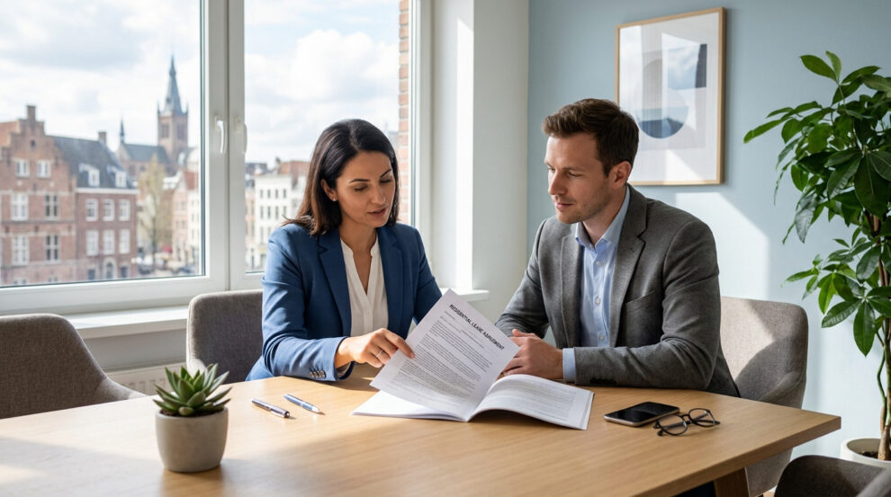 Une femme et un homme en tenue professionnelle lisent ensemble un contrat de location dans un bureau lumineux.