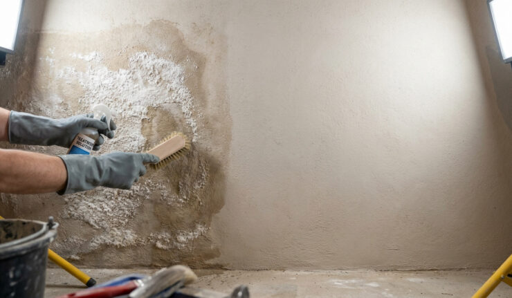 Une personne nettoie un mur humide atteint de salpêtre avec une brosse et un produit de traitement spécialisé.