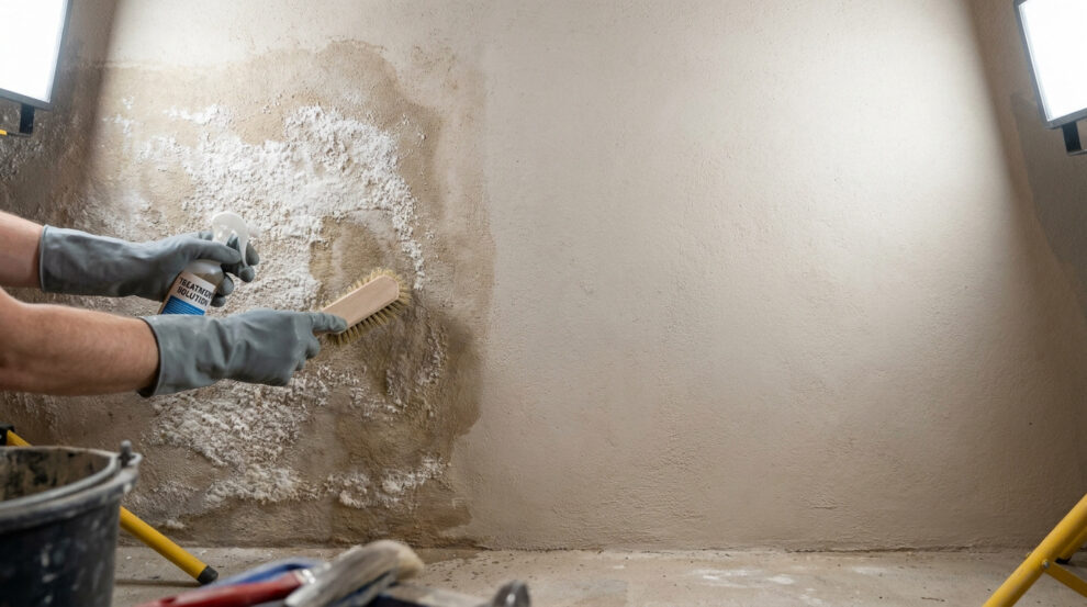 Une personne nettoie un mur humide atteint de salpêtre avec une brosse et un produit de traitement spécialisé.