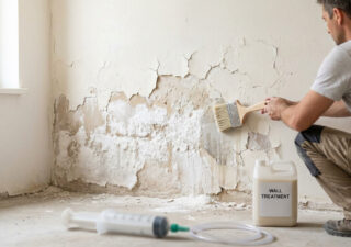 Un artisan applique un traitement anti-salpêtre sur un mur intérieur endommagé.