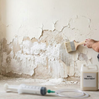 Un artisan applique un traitement anti-salpêtre sur un mur intérieur endommagé.