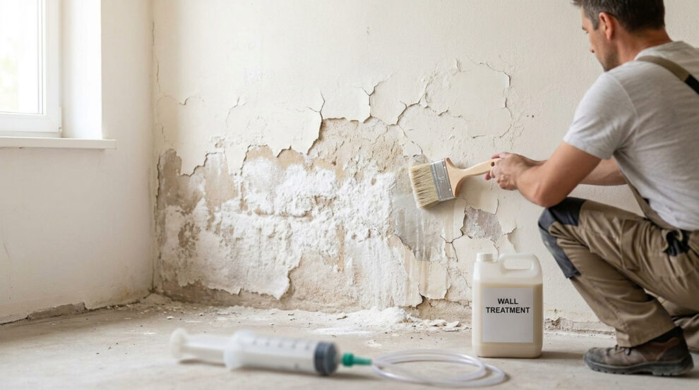 Un artisan applique un traitement anti-salpêtre sur un mur intérieur endommagé.