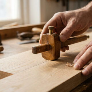 Mains d'un menuisier utilisant un trusquin en bois sur une planche en chêne dans un atelier.