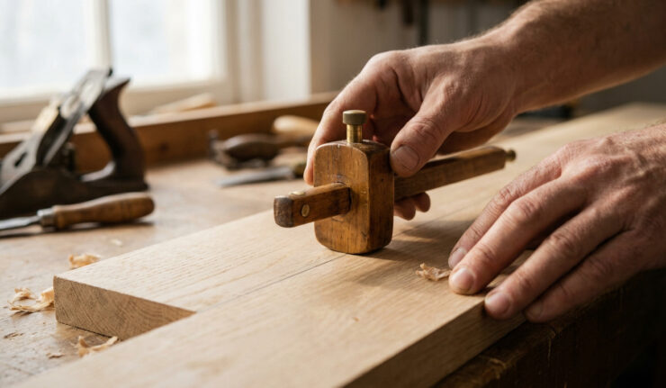 Mains d'un menuisier utilisant un trusquin en bois sur une planche en chêne dans un atelier.