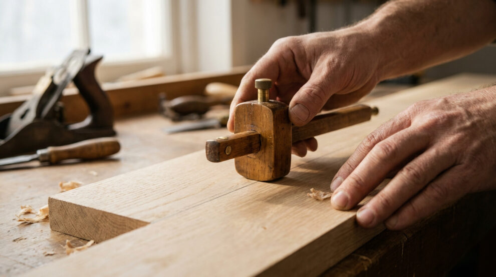 Mains d'un menuisier utilisant un trusquin en bois sur une planche en chêne dans un atelier.